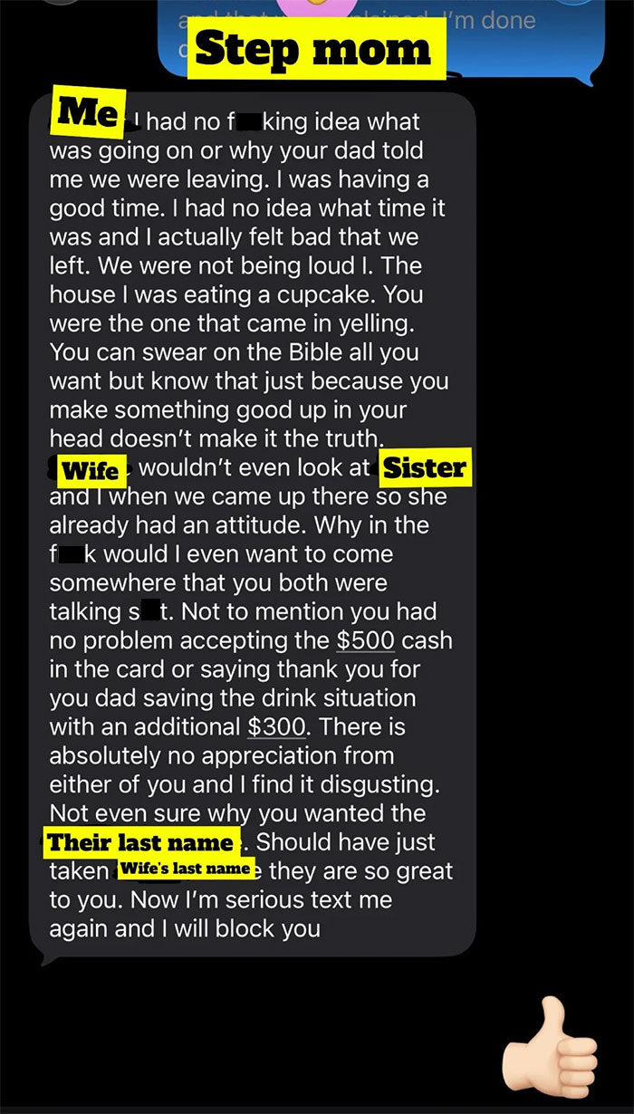 Text message exchange showing man upset at parents forcing beer and early exit at wedding due to music issues.