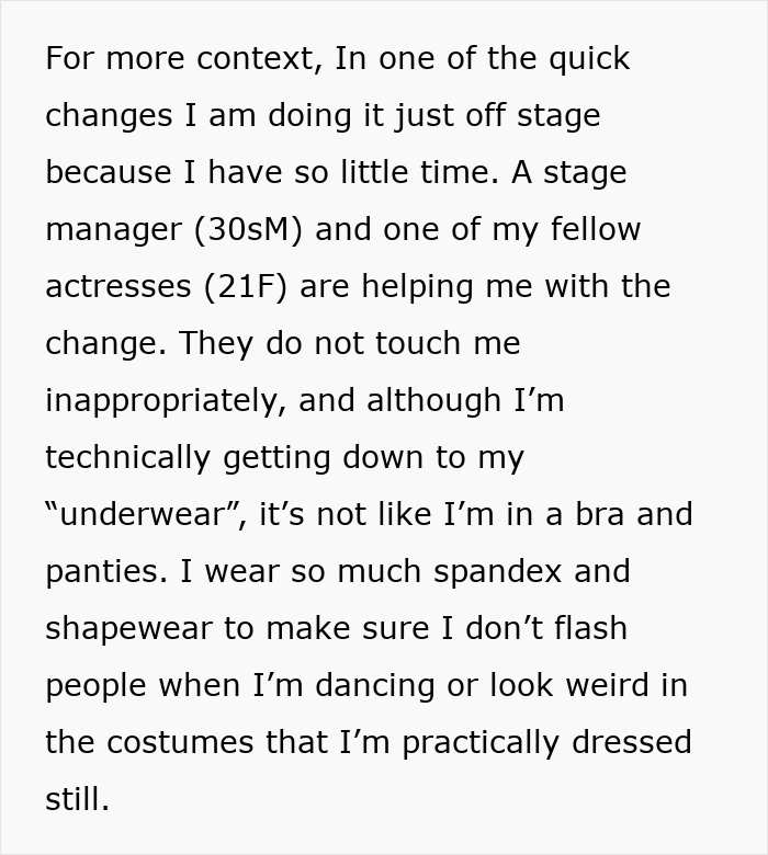 Actress girlfriend quick change backstage with help, causing boyfriend discomfort around other men during costume changes.