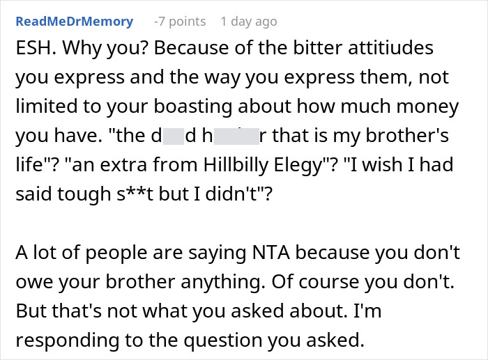 Screenshot of a Reddit comment discussing refusing to help a spoiled brother and family tensions.