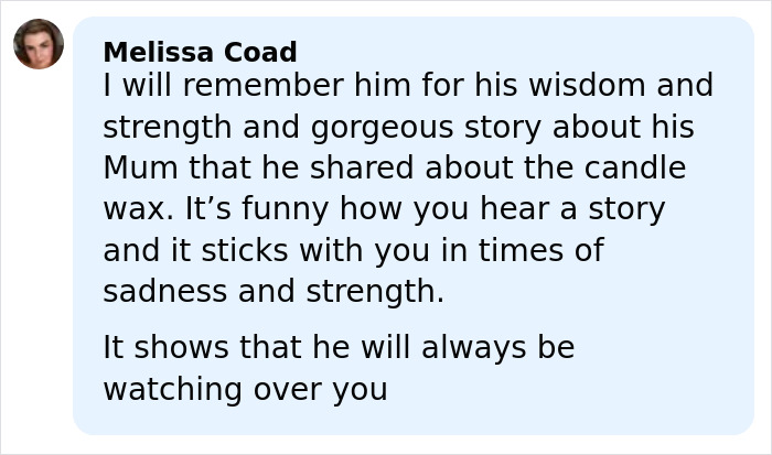 Comment by Melissa Coad sharing a heartfelt memory reflecting on strength and sadness related to James Van Der Beek.