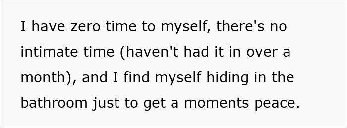 Text on a white background describing struggles with zero personal time and seeking moments of peace in the bathroom, related to man-date-single-mom-drama.