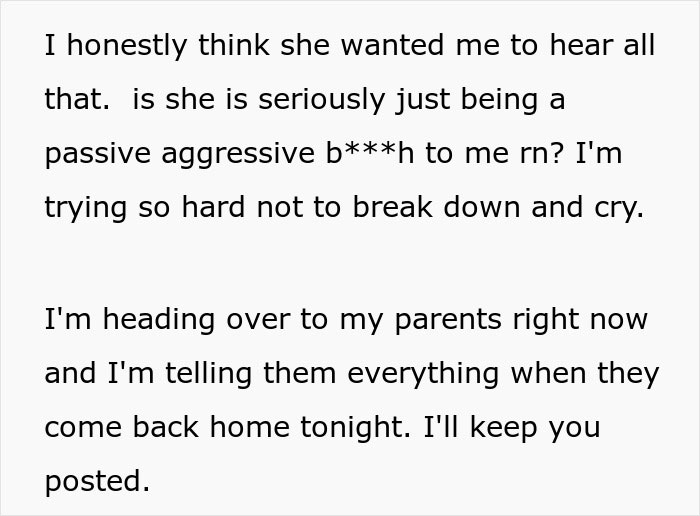 Text message expressing distress over passive-aggressive roommate, planning to tell parents about situation tonight.