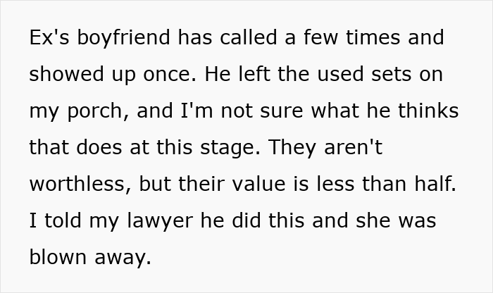 Ex's boyfriend caught stealing expensive Lego sets from guy, leaving used sets behind, leading to arrest and legal action.