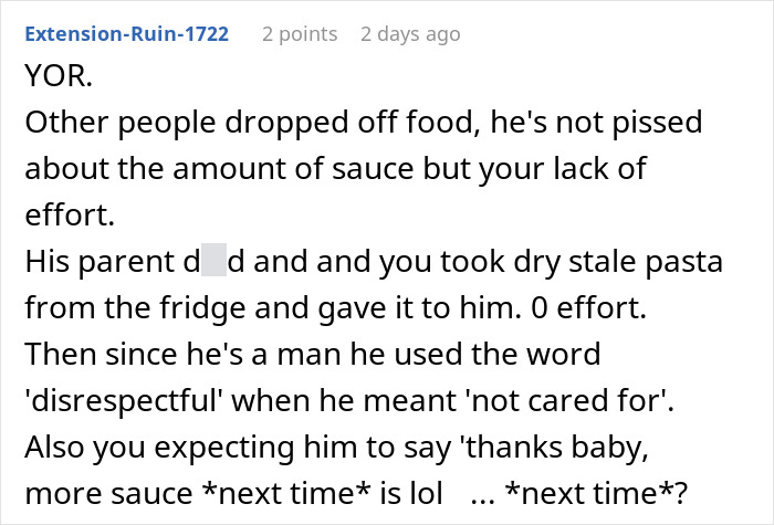 Alt text: Screenshot of a user comment criticizing a woman for bringing inedible leftovers to support her grieving boyfriend.