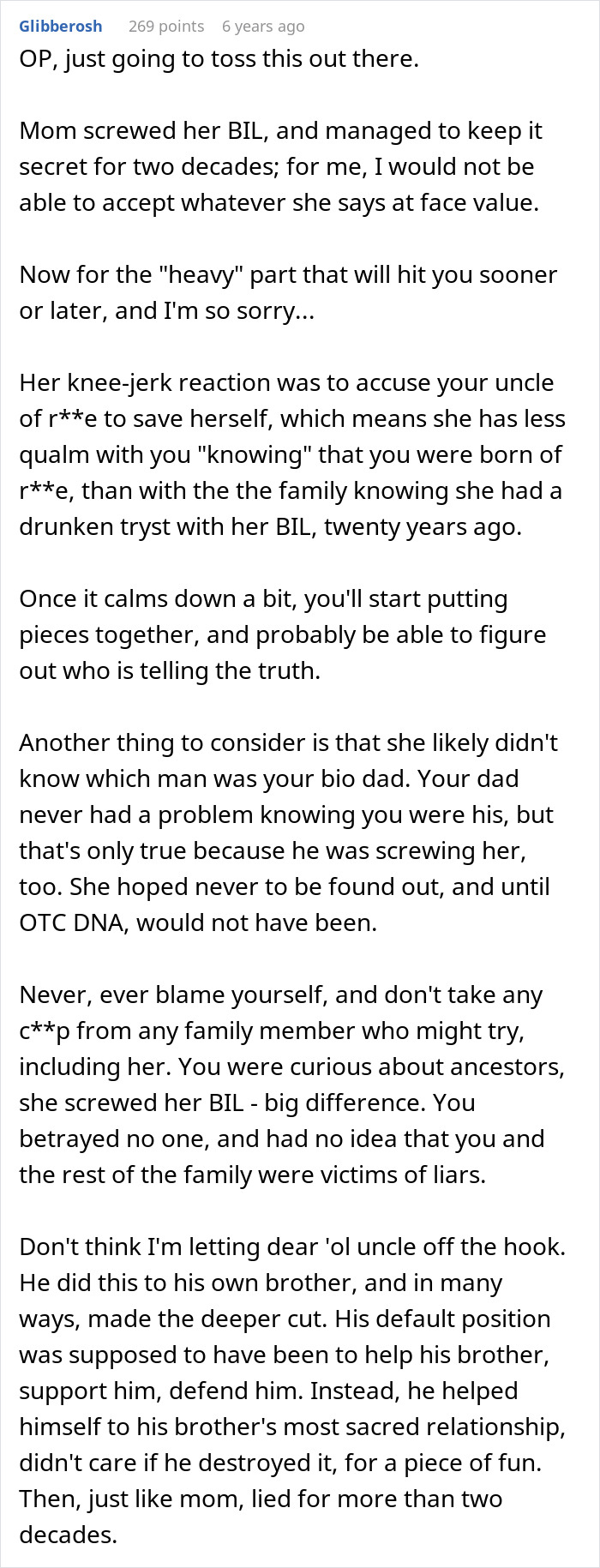 Screenshot of an online discussion about family chaos after one DNA test reveals uncle is actually dad, causing turmoil.