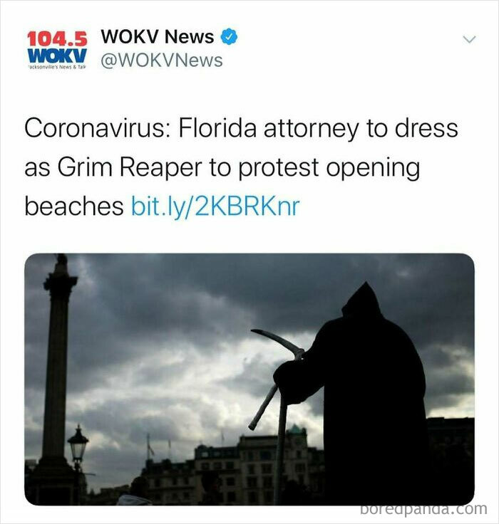 Tweet from WOKV News about a Florida attorney dressing as Grim Reaper to protest opening beaches, highlighting unhinged news headlines.