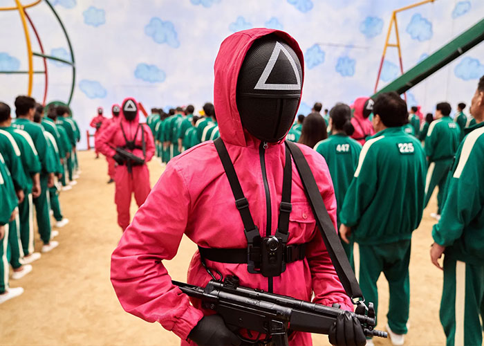 Guard in red uniform with triangle mask holding a gun as players in green tracksuits stand in rows on set.