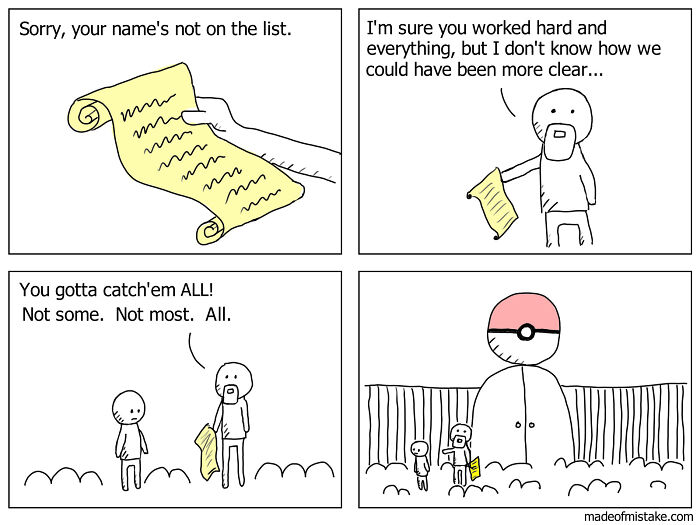 Minimalistic comic about everyday observations showing a character with a long list and a giant Poké Ball gate.