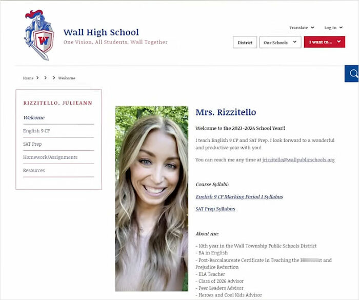 Teacher profile page for Mrs. Rizzitello at Wall High School linked to judge firing back after student outcome controversy.