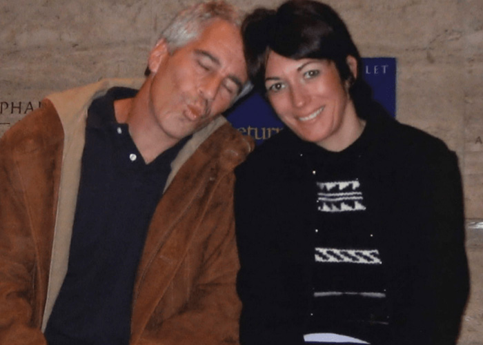 Ghislaine Maxwell and Jeffrey Epstein sitting closely, with Maxwell smiling and Epstein making a playful face.