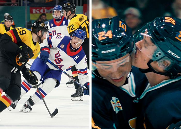 Ice hockey players in intense action and celebration during the 2026 Winter Olympics bizarre moments.
