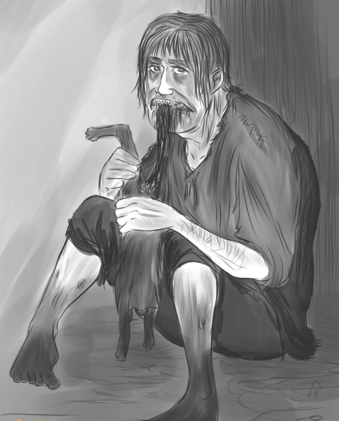 Sketch of Tarrare, history's hungriest man, depicted biting into an animal, highlighting his extreme hunger and mysterious condition.