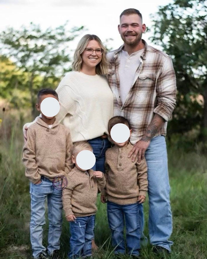 Family posing outdoors with children, related to school employee breaking down during confession video.