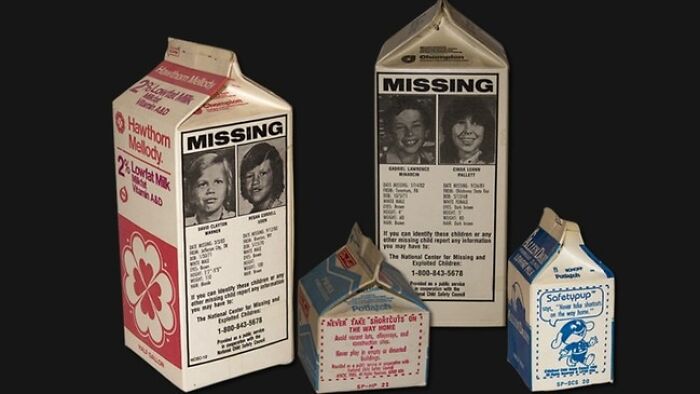 Vintage milk cartons featuring missing children photos, illustrating unique historical facts and conversation starters.
