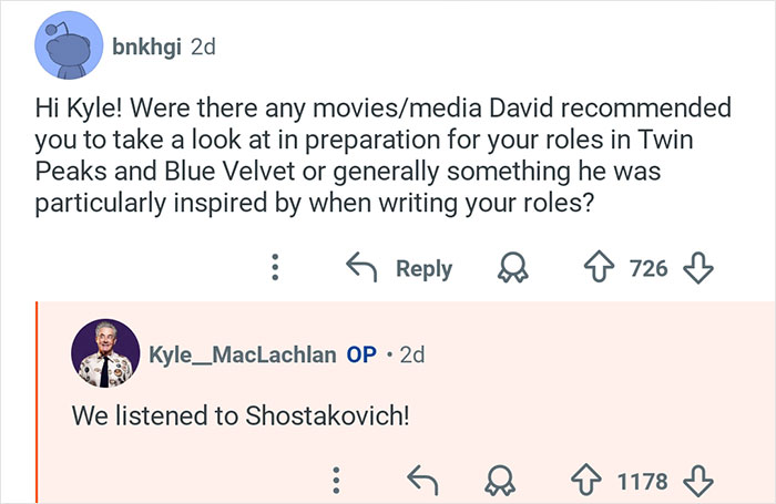Reddit exchange where Kyle MacLachlan from Twin Peaks mentions listening to Shostakovich for role preparation.