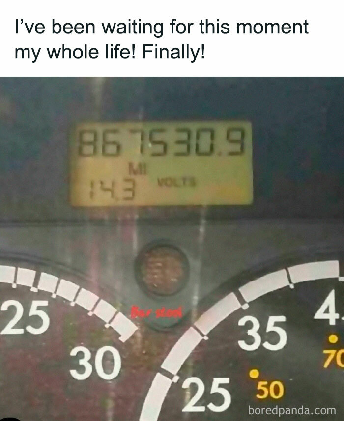 Odometer reading 867530.9 on car dashboard, referencing nostalgic internet meme and classic number sequence.