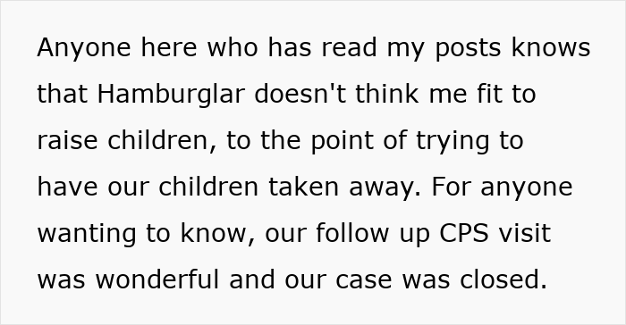 Text screenshot discussing how a couple suspects the step-mom of being the Hamburglar who steals food, prompting a CPS visit.
