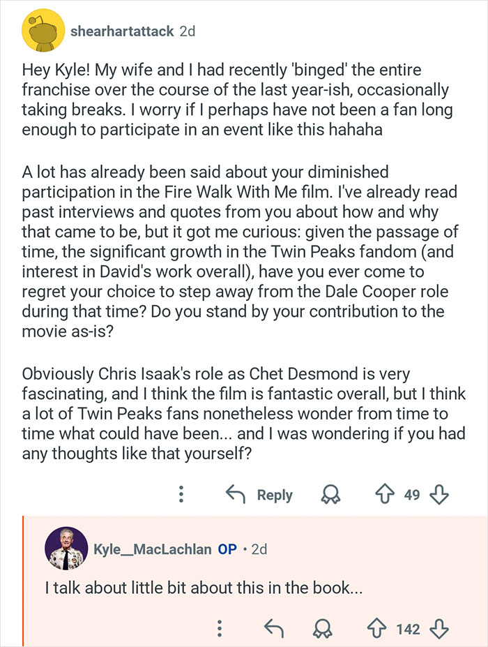 Reddit conversation showing Kyle MacLachlan from Twin Peaks responding to fan questions about his role in the series.
