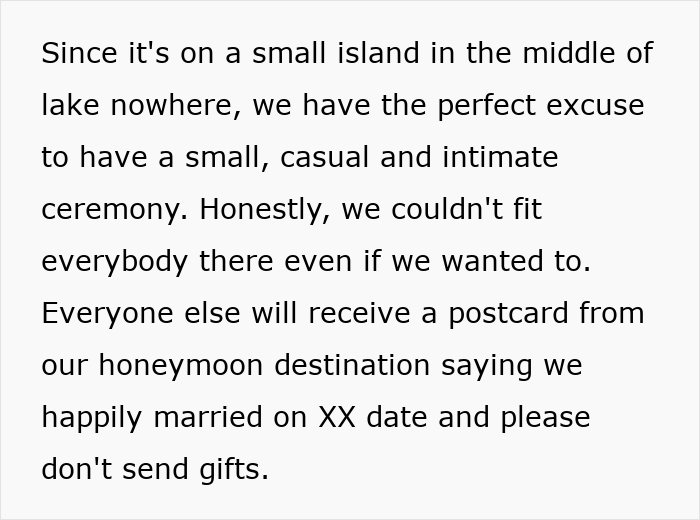 Text excerpt discussing a small, casual wedding ceremony and the girlfriend refusing to wear dresses.