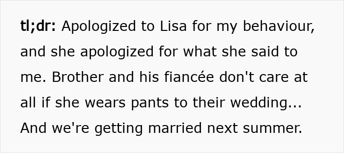 Text post showing an apology about girlfriend refusing to wear dresses at a wedding, highlighting relationship tension.