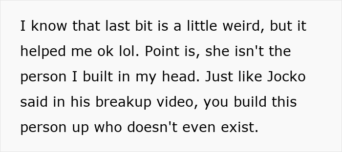 Text about a man reflecting on dating a single mom, realizing he built an imaginary version of her in his mind.