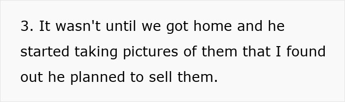 Text on a white background saying a guy started taking pictures of bike spare parts to sell them without sharing profits.