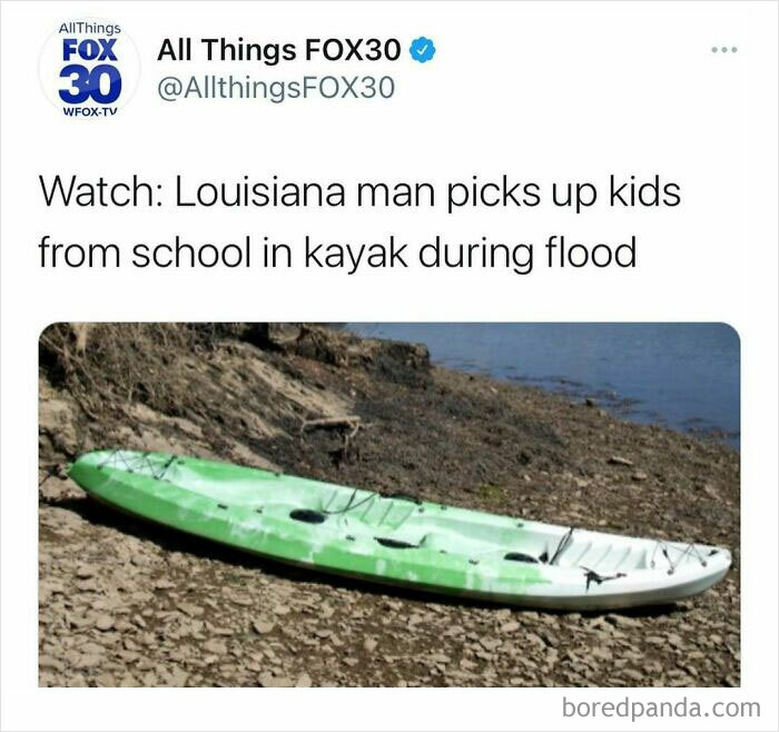 Tweet from All Things FOX30 about a Louisiana man using a kayak to pick up kids during a flood unhinged news headline.