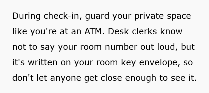 Text explaining safety tips for women during hotel check-in, emphasizing guarding private space and room number confidentiality.