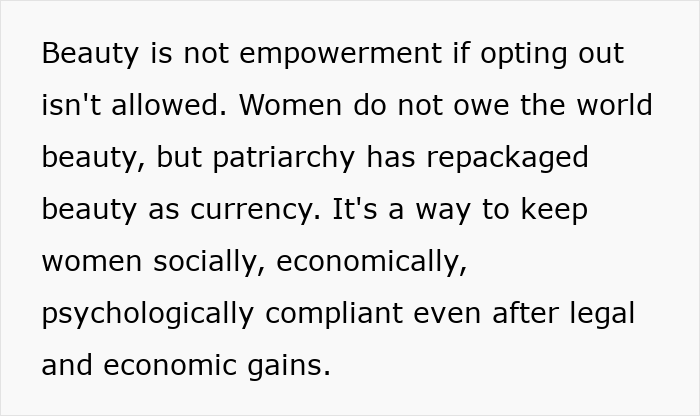 Text explaining how beauty standards don't work and are used against women to maintain control socially and economically. Text explaining how beauty standards don't work and are used against women to maintain control socially and economically.