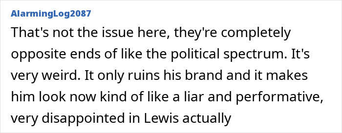 Screenshot of a user comment discussing Lewis Hamilton, relevant to body language expert analysis of tightly controlled moves.