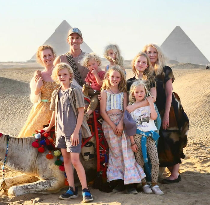 James Van Der Beek with family and friends posing near pyramids, capturing moments from his final days shared by loved ones