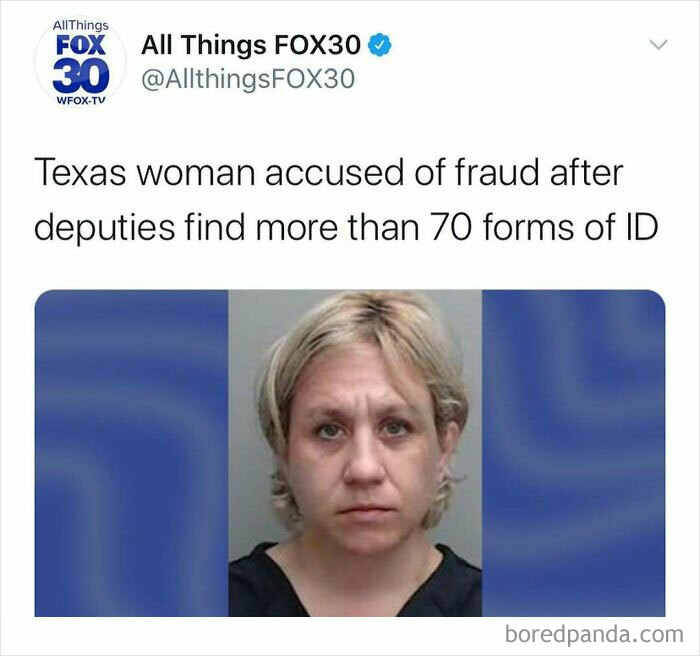 Tweet from All Things FOX30 reporting a Texas woman accused of fraud with over 70 forms of ID in unhinged news headlines.