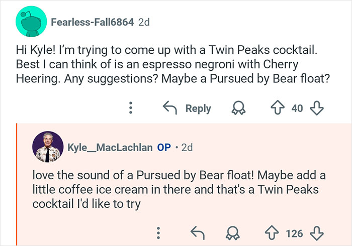 Reddit exchange where Kyle MacLachlan from Twin Peaks suggests adding coffee ice cream to a Pursued by Bear float cocktail.