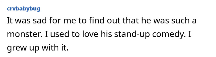 Screenshot of a user comment expressing sadness over Russell Brand’s recent disturbing charges following hot tub baptisms.