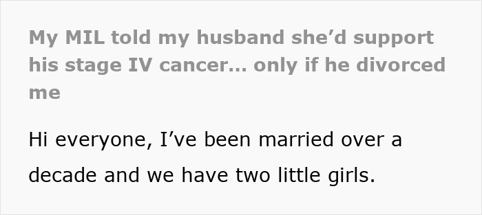 Text excerpt about a mother-in-law praised by family but issuing a vicious ultimatum to her terminal son.