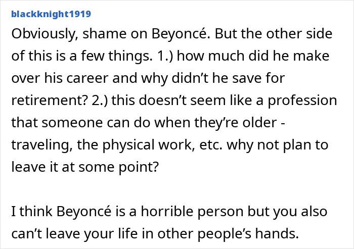 Comment discussing Beyoncé's treatment of a 20-year employee, sparking heated debate over responsibility and career choices.