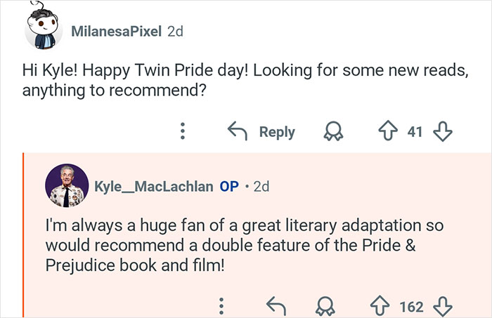 Reddit exchange showing Kyle MacLachlan from Twin Peaks recommending literary adaptations in response to fan questions.