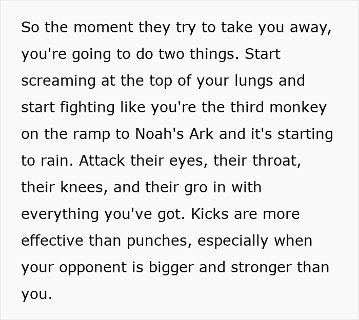 Text excerpt showing self-defense tips from a former FBI agent sharing safety tips for women to consider in emergencies.