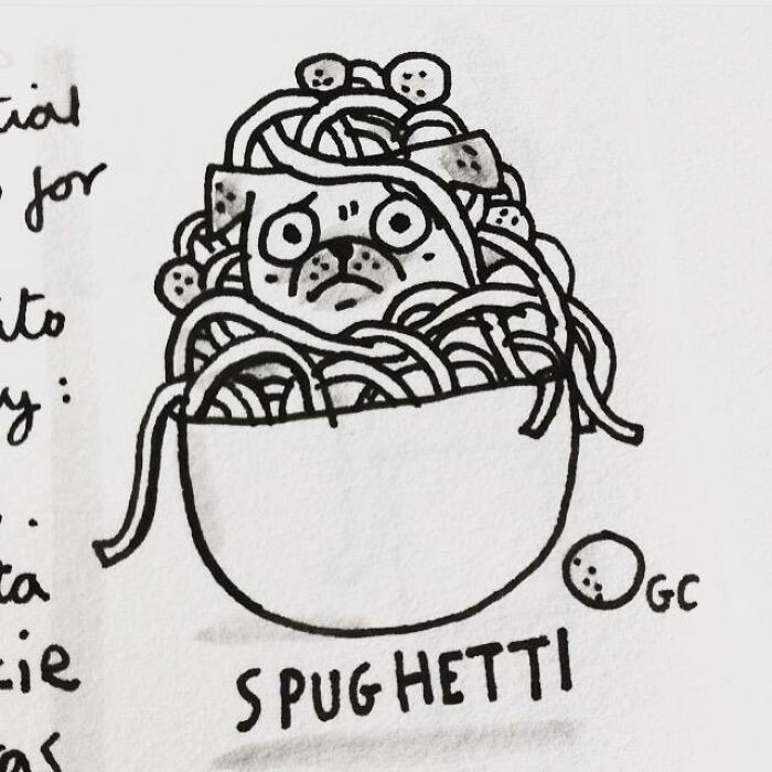 Cartoon of a pug mixed with spaghetti in a bowl, humorously illustrating pug owners and their quirky traits.