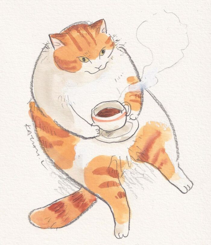 Watercolor cat-themed artwork of an orange and white cat holding a steaming cup of tea or coffee.