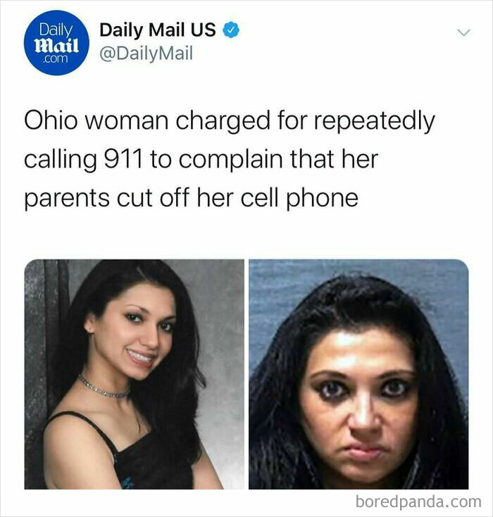 Tweet from Daily Mail about an Ohio woman charged for repeatedly calling 911, illustrating unhinged news headlines in America.