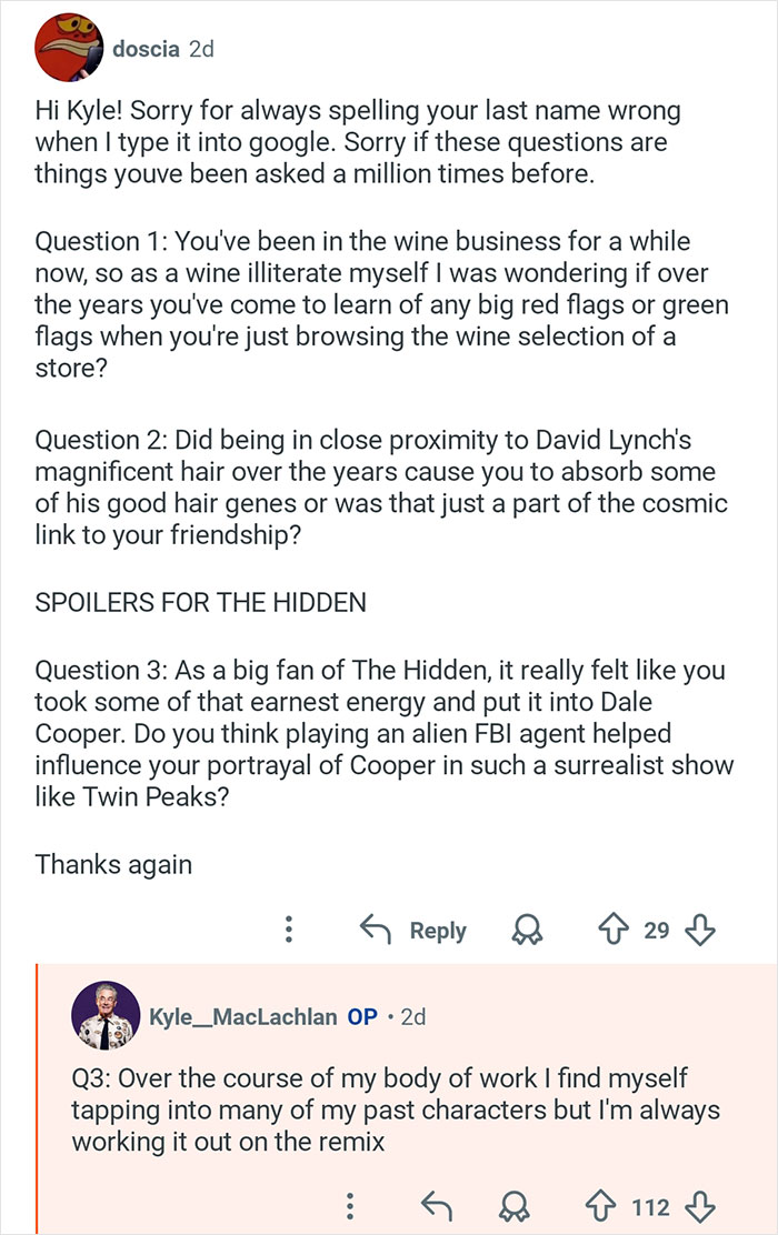 Reddit conversation showing Kyle MacLachlan from Twin Peaks answering fan questions about his career and characters.