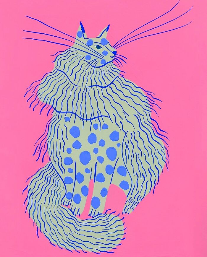 Abstract cat-themed artwork with vibrant pink background and blue line details showcasing creative cat-inspired design.