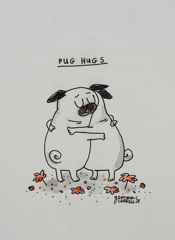 Two pugs hugging in a comic style illustration, capturing the affectionate nature of pug owners and their pets.