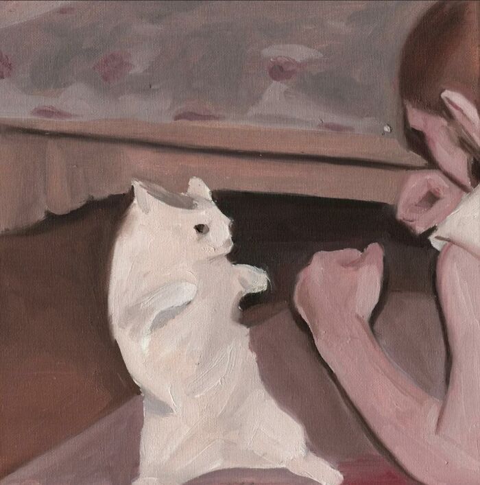 Oil painting of a white cat and a person interacting, representing cat-themed artworks throughout history in a community setting.