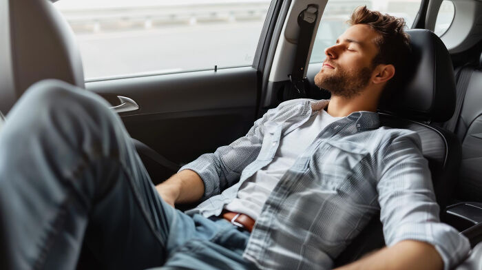 Young man relaxing in car seat with eyes closed, reflecting on wild dating experiences that made him question reality