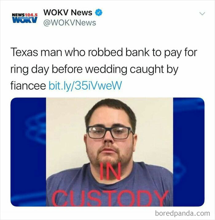 Mugshot of Texas man in custody after robbing bank to pay for ring day, illustrating unhinged news headlines in America.