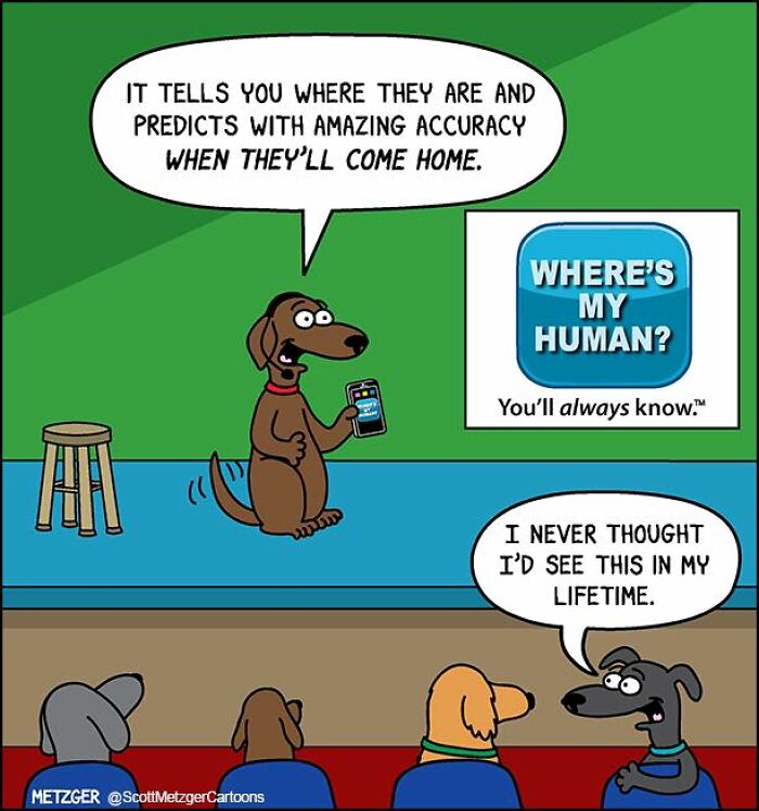 Cartoon dogs humorously discussing sharing a home with cats and dogs while using a pet tracking app.