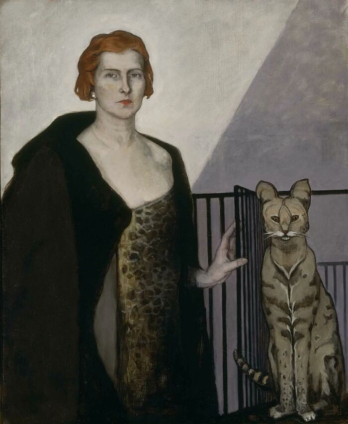 Portrait of a woman in a dark coat with a spotted cat beside her, a cat-themed artwork inspired by historical art styles.
