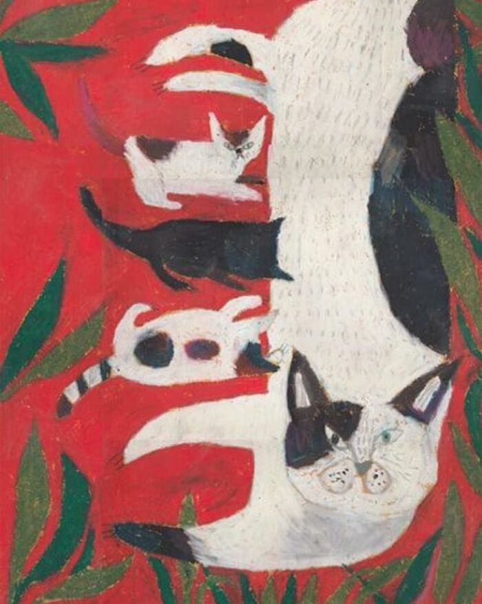 Cat-themed artwork featuring stylized cats in black and white on a vibrant red and green patterned background.